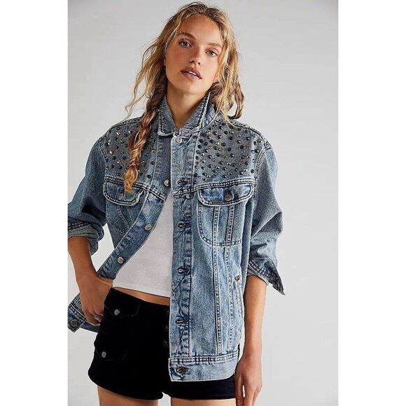NWT FREE PEOPLE TRICIA FIX Sz S MORGAN STUDDED DENIM JACKET IN BLUE - Picture 1 of 6